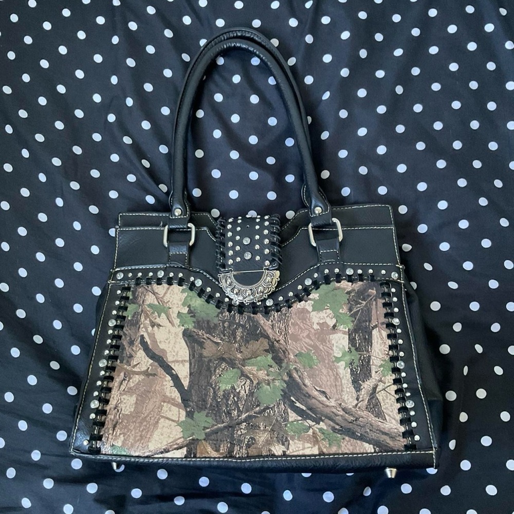 Black Faux Leather Tote with Camouflage Panel and Studded rhinestone Accents